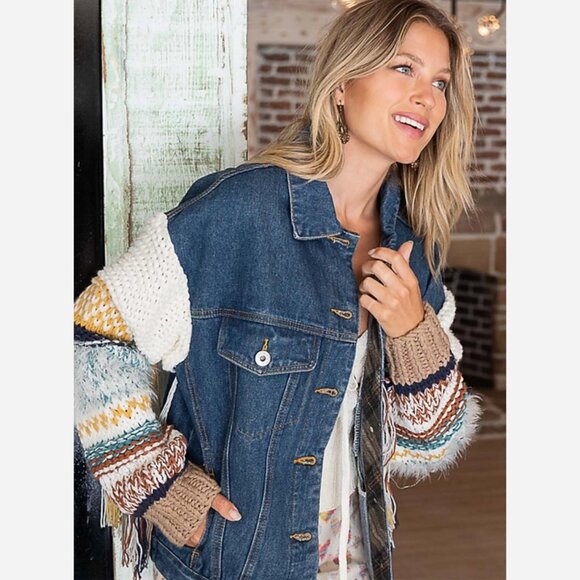 Boho Denim Jacket – Relaxed Fit with Knit Sweater Sleeves - Picture 2 of 9